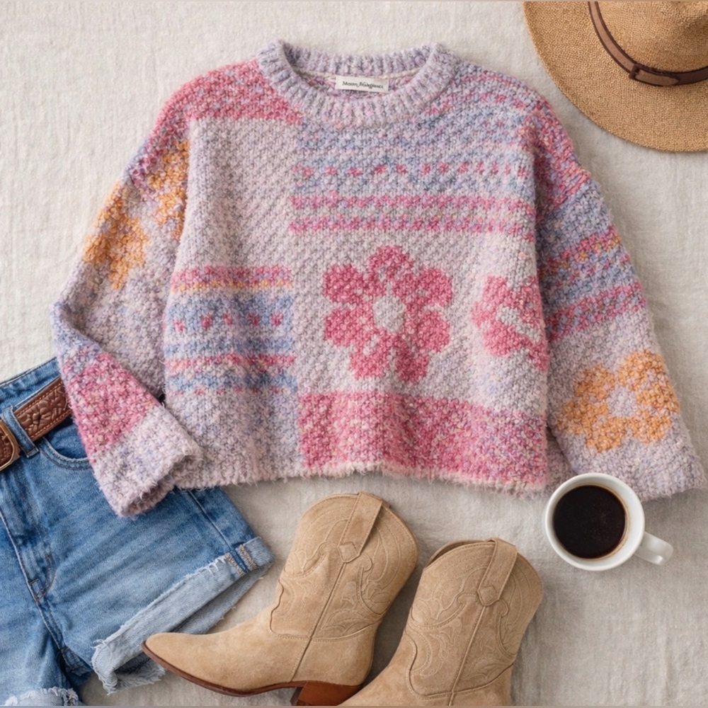 Moon & Madison Floral Patchwork Cropped Sweater ~ Boho Cottagecore Knit ~ Size S - Picture 2 of 14